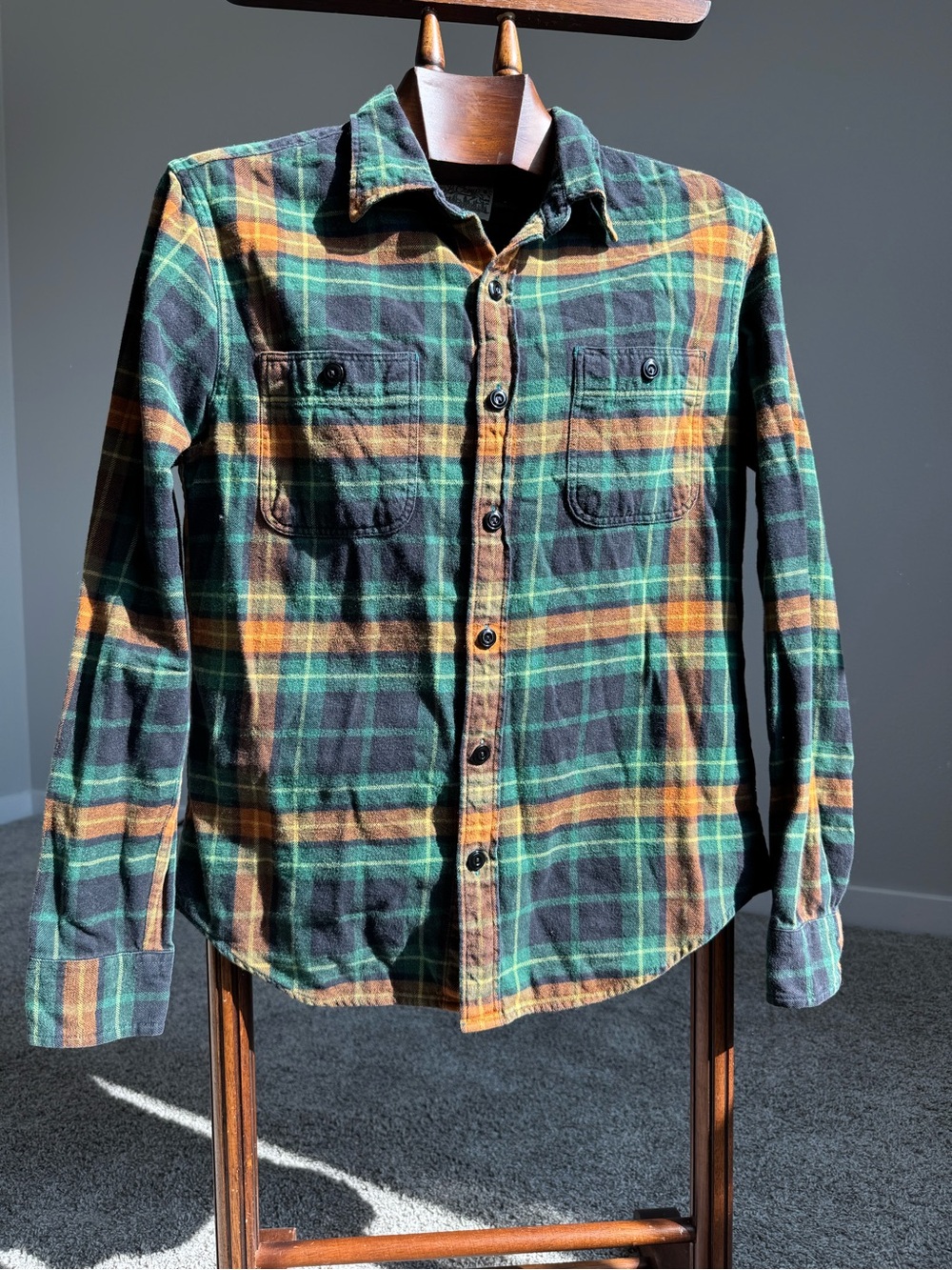 J.Crew Mid-Weight Flannel Plaid Shirt Men’s M Slim Fit Green Orange Cotton